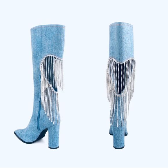 Dolls Kill Shoes - JACQUELINE HEELED BOOTS - DENIMLEMON DROP BY PRIVILEGED WOMENS 7 knee high